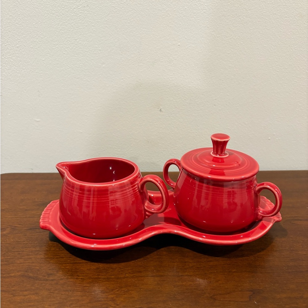 Fiesta Scarlett Red sugar creamer set with tray